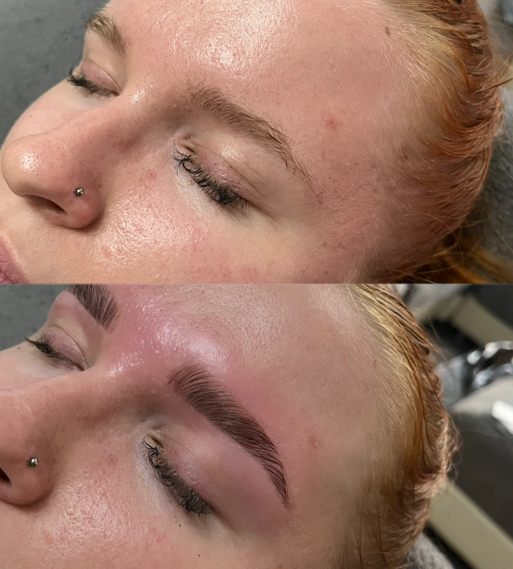 Before and after brow lamination showing fuller, lifted and precisely shaped eyebrows at Amor House Milton Keynes